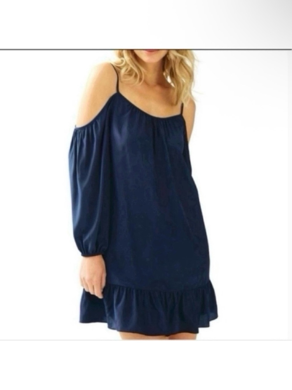 Lilly Pulitzer Candice Navy Silk Open Shoulder Boho Mini Dress Ruffle Hem